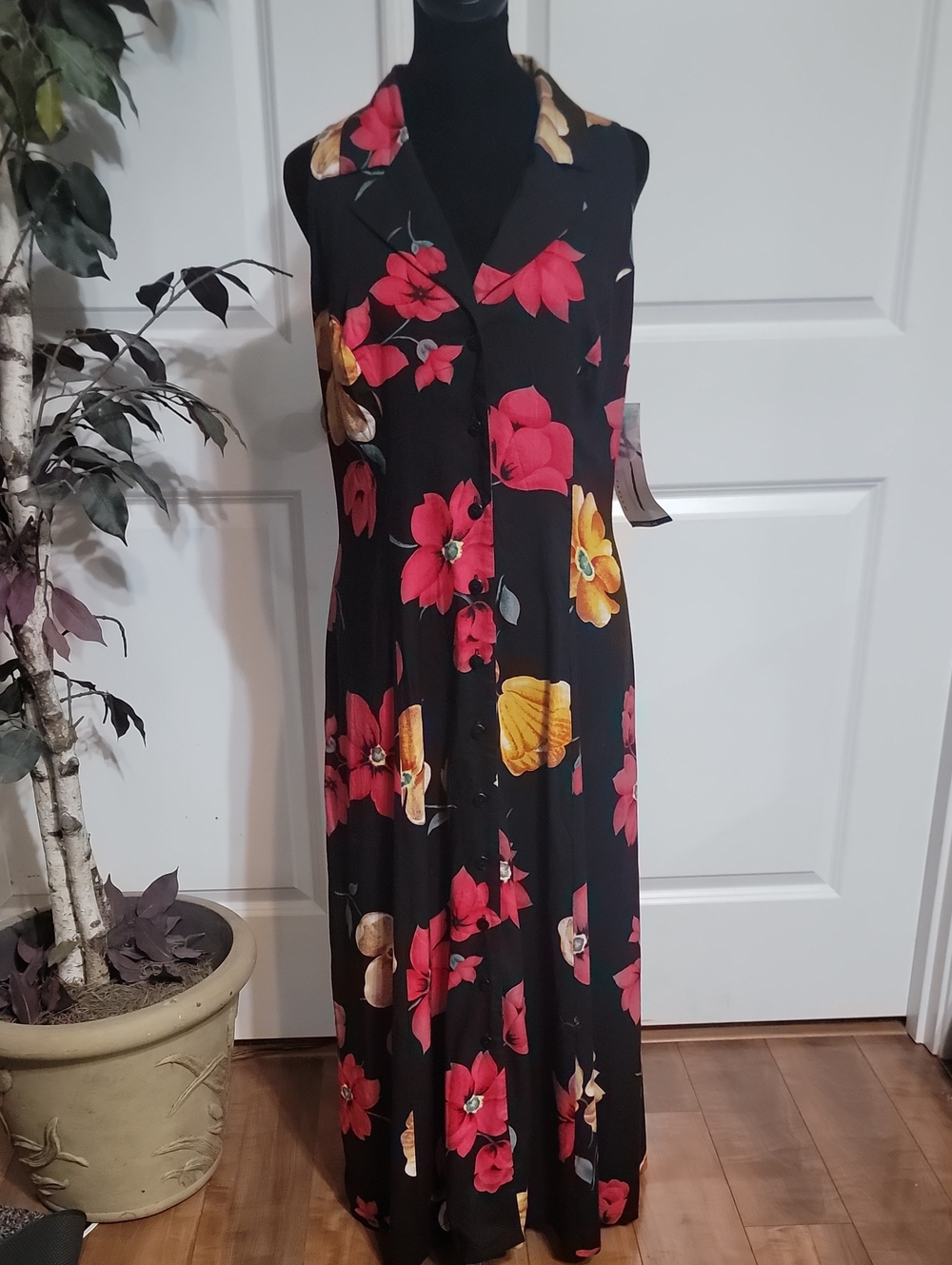 Sleeveless Black Maxi Dress with Red & Yellow Floral Print